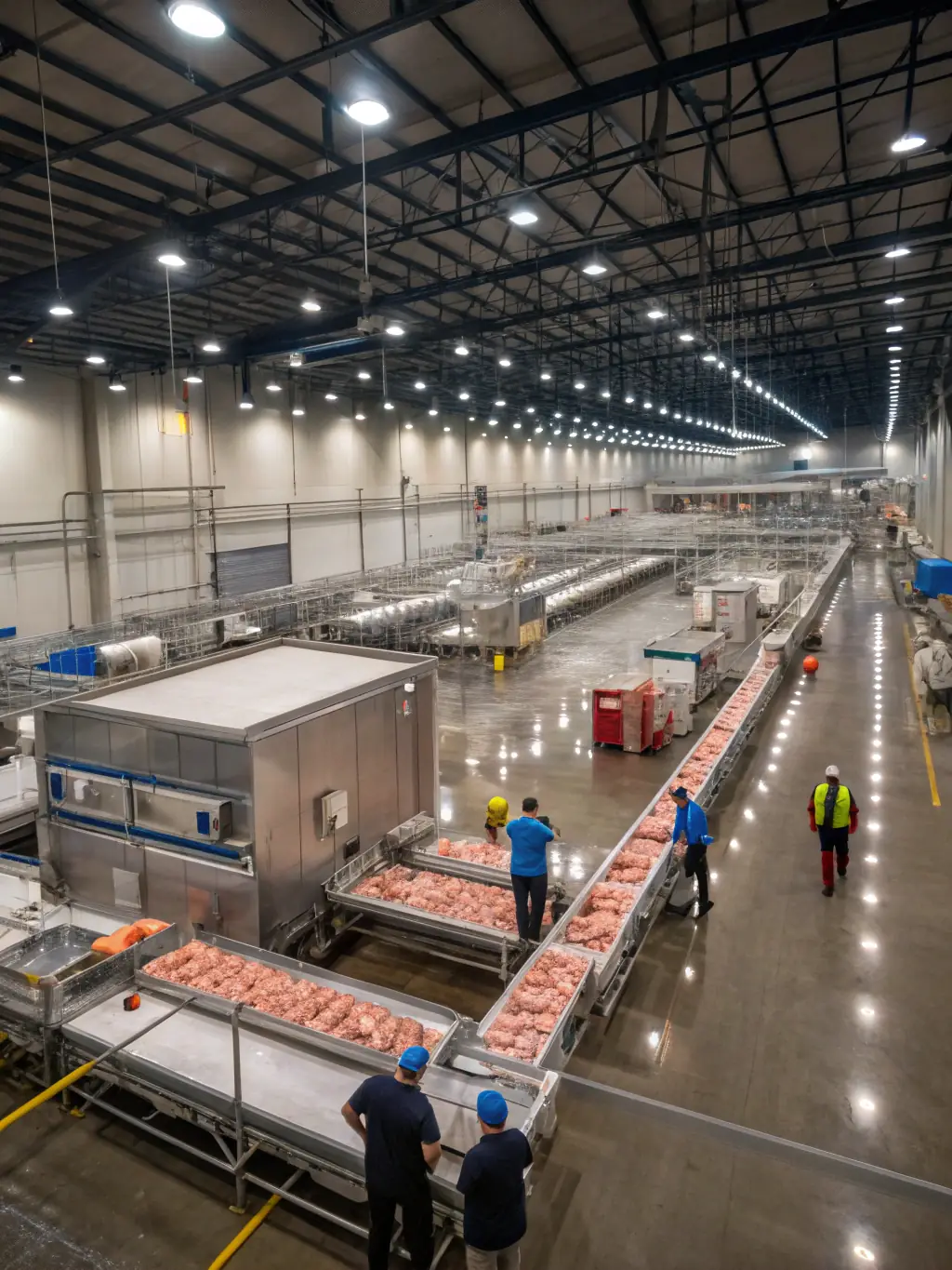 A wide shot of the Alex Fish processing plant, showcasing the modern facility and the various stages of fish processing. The image should convey the scale and efficiency of the operation.