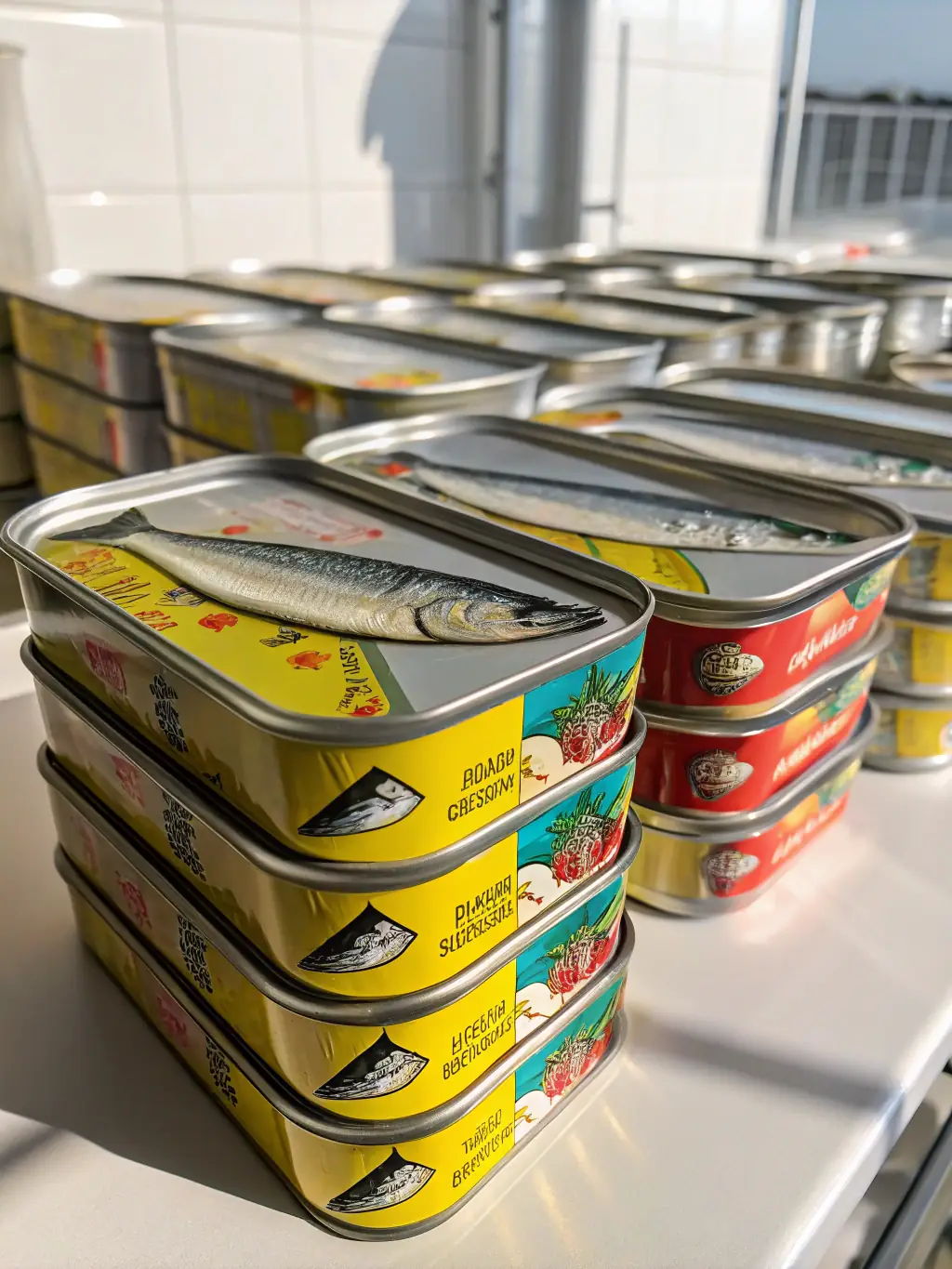 An image of neatly packed sardine cans with vibrant labels, highlighting freshness and quality, used to promote Alex Fish's Canned Sardines.