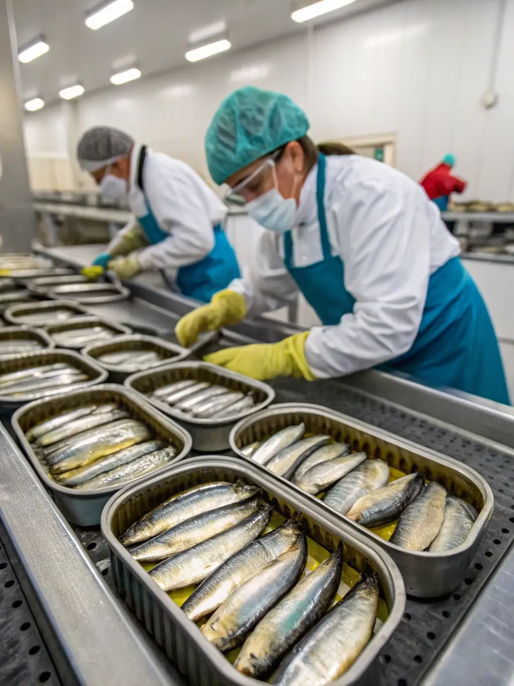 A detailed shot of sardines being canned at Alex Fish, highlighting the precision and hygiene of the canning process. The image should emphasize the freshness and quality of the sardines.