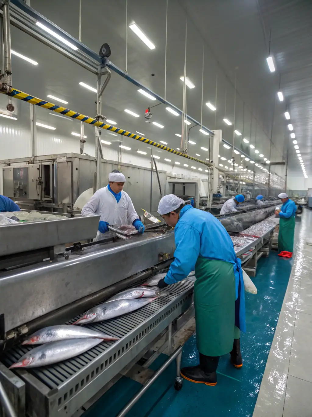 A photograph of the tuna processing line at Alex Fish, showcasing the advanced machinery and the careful handling of the fish. The image should convey cleanliness and efficiency.