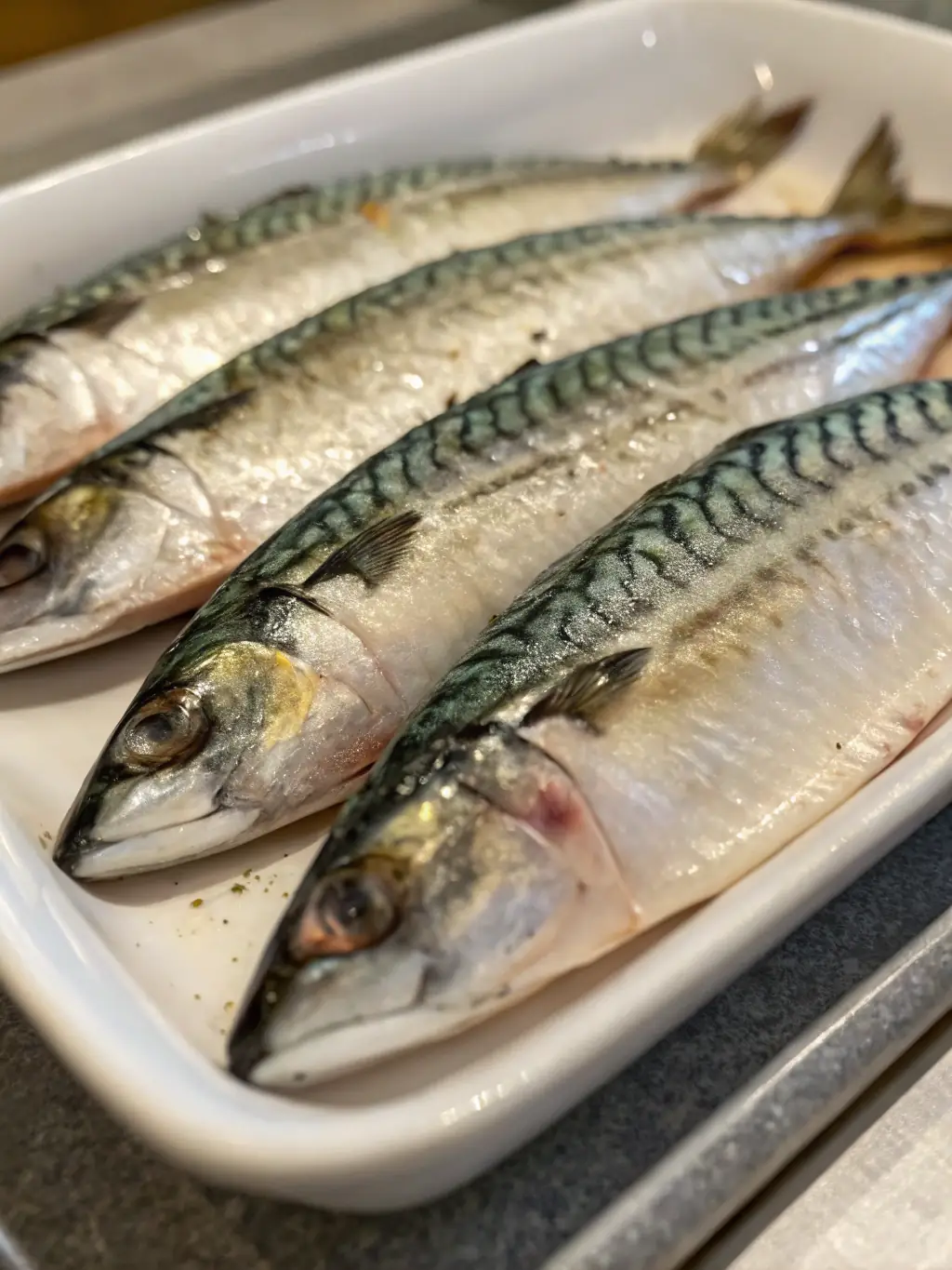 A close-up image of mackerel fillets arranged on a platter, emphasizing their freshness and quality, used to promote Alex Fish's Mackerel Fillets.