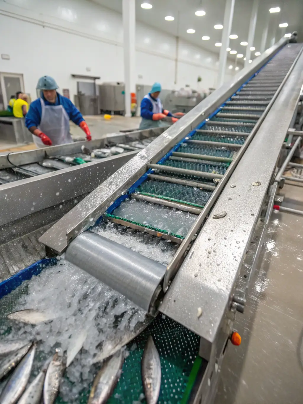 A visual representation of mackerel fillets being prepared at Alex Fish, showing the skilled workers and the modern equipment used. The image should convey the care and precision involved in the process.