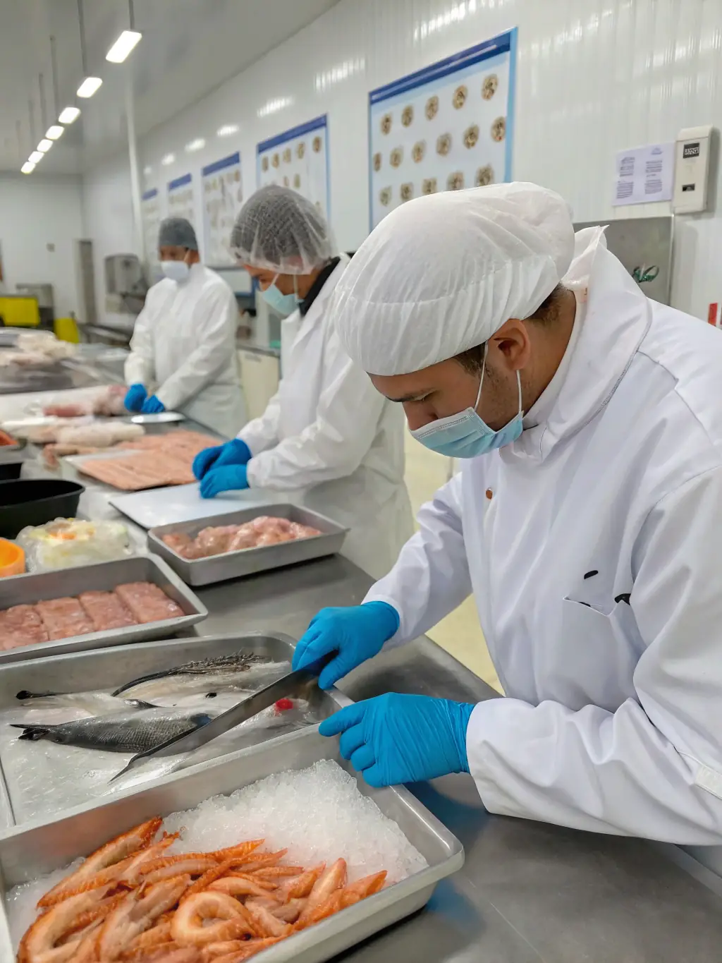 A close-up shot of Alex Fish's quality control team inspecting freshly processed tuna fillets in a sterile environment, ensuring adherence to the highest food safety standards.