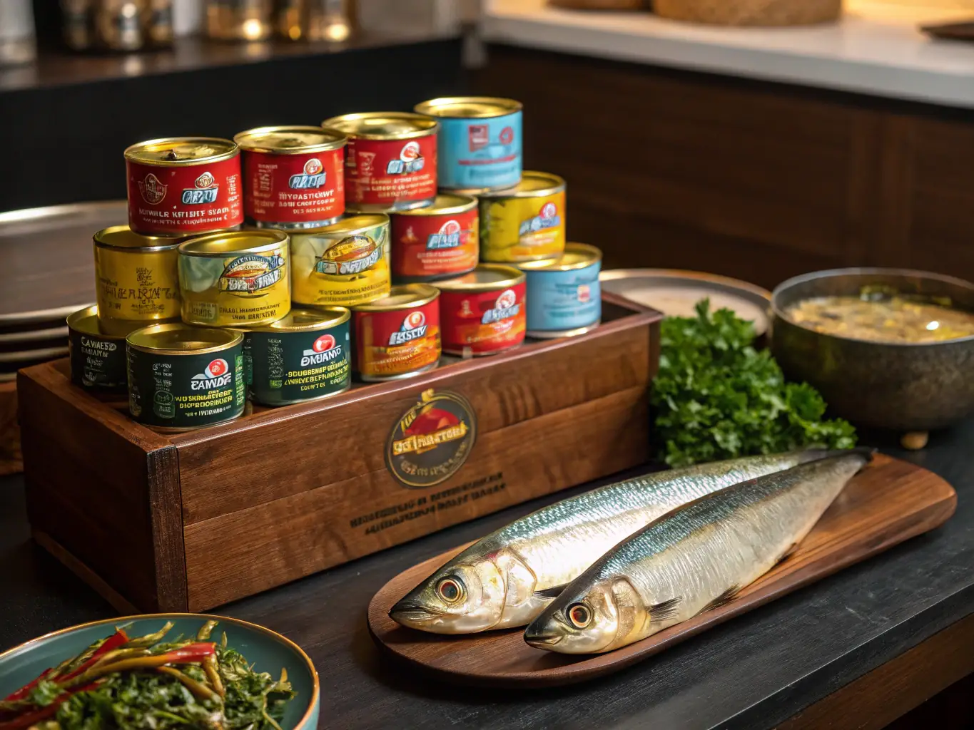 A high-quality image showcasing various cuts and packaging options of Alex Fish's premium tuna products, displayed in a modern and clean setting.